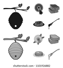 A hive on a branch, a bee on a flower, a honeycomb with honey, a honey cake.Apiary set collection icons in black,monochrome style vector symbol stock illustration web.
