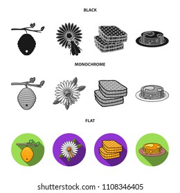 A hive on a branch, a bee on a flower, a honeycomb with honey, a honey cake.Apiary set collection icons in black, flat, monochrome style vector symbol stock illustration web.
