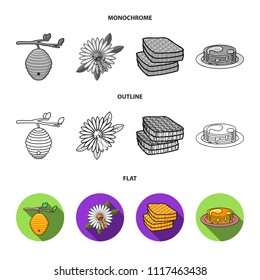 A hive on a branch, a bee on a flower, a honeycomb with honey, a honey cake.Apiary set collection icons in flat,outline,monochrome style vector symbol stock illustration web.