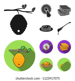 A hive on a branch, a bee on a flower, a honeycomb with honey, a honey cake.Apiary set collection icons in black, flat style vector symbol stock illustration web.