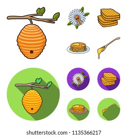 A hive on a branch, a bee on a flower, a honeycomb with honey, a honey cake.Apiary set collection icons in cartoon,flat style vector symbol stock illustration web.