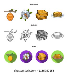A hive on a branch, a bee on a flower, a honeycomb with honey, a honey cake.Apiary set collection icons in cartoon,outline,flat style vector symbol stock illustration web.