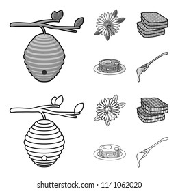 A hive on a branch, a bee on a flower, a honeycomb with honey, a honey cake.Apiary set collection icons in outline,monochrome style vector symbol stock illustration web.