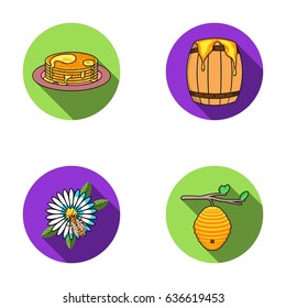 A hive on a branch, a bee on a flower, a honeycomb with honey, a honey cake.Apiary set collection icons in flat style vector symbol stock illustration web.