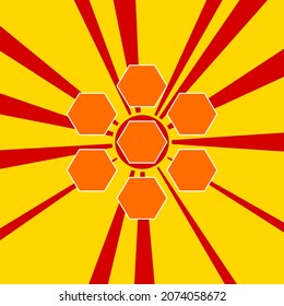 Símbolo de colmena sobre un fondo de líneas radiales de explosión de flash rojo. El gran símbolo naranja se encuentra en el centro del sol, simbolizando la salida del sol. Ilustración del vector sobre fondo amarillo