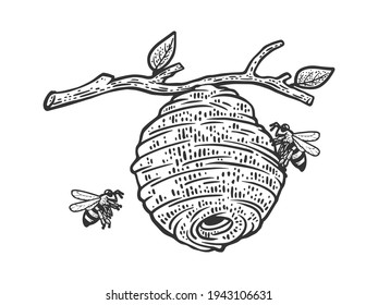 Hive of wild bees on a tree sketch engraving vector illustration. T-shirt apparel print design. Scratch board imitation. Black and white hand drawn image.