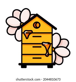 Hive. Yellow beehive doodle vector illustration. Home of the wasp, bee and insect with flowers. Honey production, beekeeping. Flat cartoon illustration isolated on white