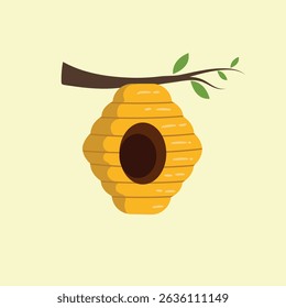 Hive. Yellow beehive. Home of the wasp and insect. Element of nature and forests. Honey production. Flat cartoon illustration isolated on creame background
