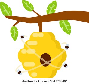 Hive. Yellow beehive. House of wasp and insect on tree. Element of nature and forests. Honey production. Flat cartoon illustration. Branch with leaves