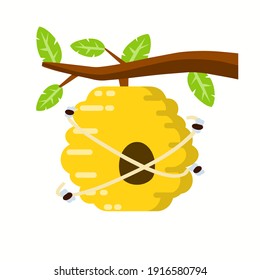 Hive. Yellow beehive. House of wasp and insect on tree. Element of nature and forests. Honey production. Branch with leaves. Flat cartoon illustration
