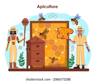 Hiver or beekeeper concept. Apiculture farmer gathering honey. Countryside organic product. Apiary worker, beekeeping and honey extraction. Flat vector illustration