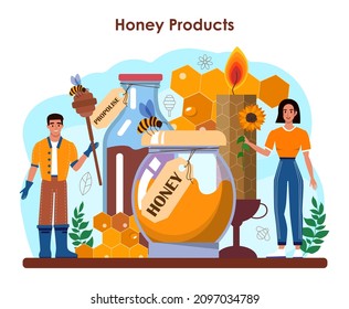Hiver or beekeeper concept. Apiculture farmer gathering honey. Countryside organic product. Apiary worker, beekeeping and honey extraction. Flat vector illustration