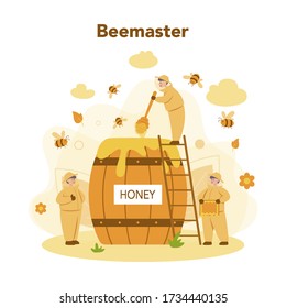 Hiver or beekeeper concept. Professional farmer with hive and honey. Countryside organic product. Apiary worker, beekeeping and honey production. Vector illustration