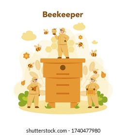 Hiver or beekeeper concept. Professional farmer with hive and honey. Countryside organic product. Apiary worker, beekeeping and honey production. Vector illustration