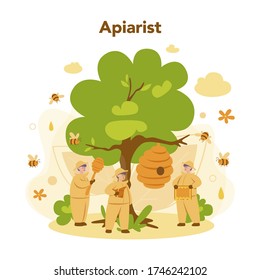 Hiver or beekeeper concept. Professional farmer with hive and honey. Countryside organic product. Apiary worker, beekeeping and honey production. Vector illustration