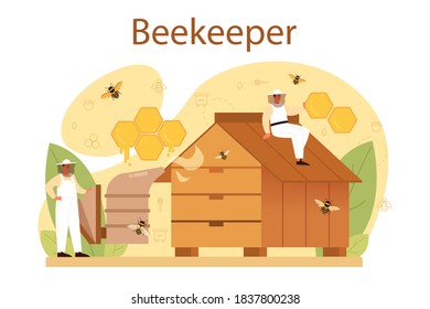 Hiver or beekeeper concept. Professional farmer with hive and honey. Countryside organic product. Apiary worker, beekeeping and honey production. Vector illustration