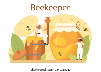 Hiver or beekeeper concept. Professional farmer with hive and honey. Countryside organic product. Apiary worker, beekeeping and honey production. Vector illustration