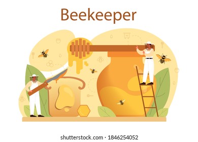 Hiver or beekeeper concept. Professional farmer with hive and honey. Countryside organic product. Apiary worker, beekeeping and honey production. Vector illustration