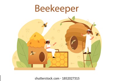 Hiver or beekeeper concept. Professional farmer with hive and honey. Countryside organic product. Apiary worker, beekeeping and honey production. Vector illustration