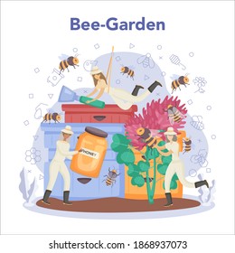 Hiver or beekeeper concept. Professional farmer making honey. Countryside organic product. Apiary worker, beekeeping and honey production. Vector illustration