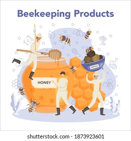 Hiver or beekeeper concept. Professional farmer making honey. Countryside organic product. Apiary worker, beekeeping and honey production. Vector illustration