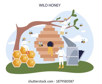 Hiver or beekeeper concept. Professional farmer with hive and honey. Countryside organic product. Apiary worker, beekeeping and honey production. Vector illustration