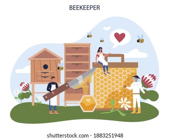 Hiver or beekeeper concept. Professional farmer with hive and honey. Countryside organic product. Apiary worker, beekeeping and honey production. Vector illustration