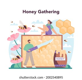 Hiver or beekeeper concept. Professional farmer gathering honey. Countryside organic product. Apiary worker, beekeeping and honey exctraction. Vector illustration