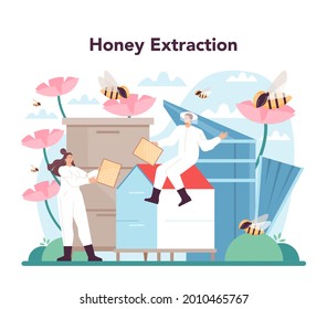 Hiver or beekeeper concept. Professional farmer gathering honey. Countryside organic product. Apiary worker, beekeeping and honey exctraction. Vector illustration