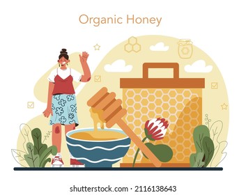 Hiver or beekeeper concept. Professional farmer gathering honey. Countryside organic product. Apiary worker, beekeeping and honey exctraction. Vector illustration