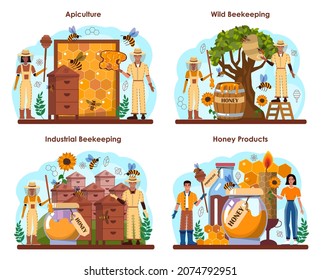 Hiver or beekeeper concept set. Apiculture farmer gathering honey. Countryside organic product. Apiary worker, beekeeping and honey extraction. Flat vector illustration