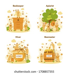 Hiver or beekeeper concept set. Professional farmer with hive and honey. Countryside organic product. Apiary worker, beekeeping and honey production. Vector illustration