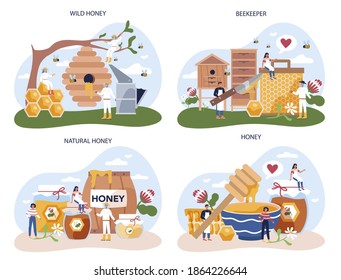 Hiver or beekeeper concept set. Professional farmer with hive and honey. Countryside organic product. Apiary worker, beekeeping and honey production. Vector illustration