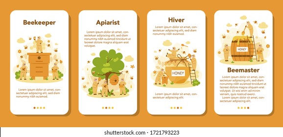 Hiver or beekeeper mobile application banner set. Professional farmer with hive and honey. Countryside organic product. Apiary worker, beekeeping and honey production. Vector illustration