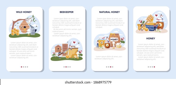 Hiver or beekeeper mobile application banner set. Professional farmer with hive and honey. Countryside organic product. Apiary worker, beekeeping and honey production. Vector illustration