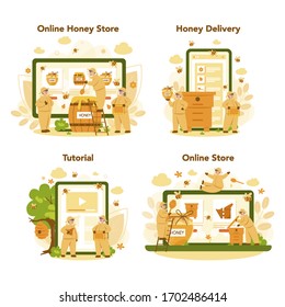 Hiver or beekeeper online service or platform on differernt device set. Professional farmer with hive and honey. Apiary worker, beekeeping and honey production. Vector illustration