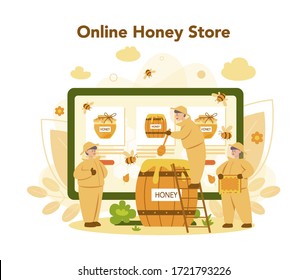 Hiver or beekeeper online service or platform. Professional farmer with hive and honey. Online honey store. Apiary worker, beekeeping and honey production. Vector illustration