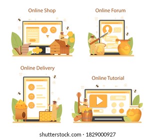 Hiver or beekeeper online service or platform set. Professional farmer with hive and honey. Countryside organic product. Online shop, tutorial, forum, delivery. Vector illustration