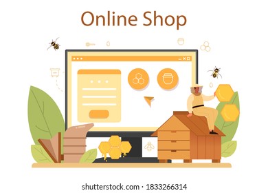 Hiver or beekeeper online service or platform. Professional farmer with hive and honey. Countryside organic product. Online shop. Vector illustration