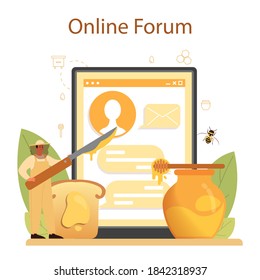 Hiver or beekeeper online service or platform. Professional farmer with hive and honey. Countryside organic product. Online forum. Vector illustration