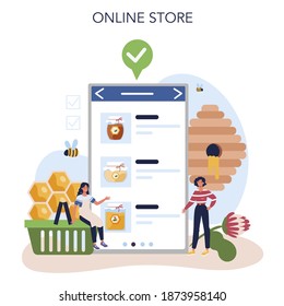 Hiver or beekeeper online service or platform. Professional farmer with hive and honey. Countryside organic product. Online store. Vector illustration