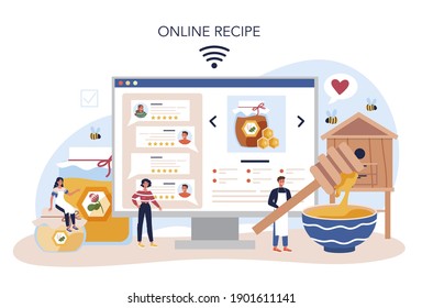 Hiver or beekeeper online service or platform. Professional farmer with hive and honey. Countryside organic product. Online recipe. Vector illustration