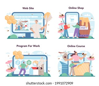 Hiver or beekeeper online service or platform set. Professional farmer gathering honey. Apiary worker, beekeeping and honey exctraction. Online course, shop, website. Vector flat illustration
