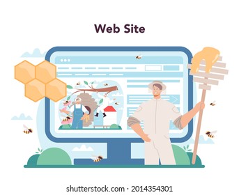 Hiver or beekeeper online service or platform. Professional farmer gathering honey. Apiary worker, beekeeping and honey exctraction. Website. Vector flat illustration