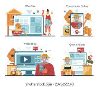 Hiver or beekeeper online service or platform set. Professional farmer gathering honey. Countryside organic product exctraction. Online forum, consultation, video blog, website. Vector illustration