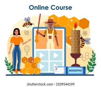Hiver or beekeeper online service or platform. Apiculture farmer gathering honey. Apiary worker, beekeeping and honey extraction. Online course. Flat vector illustration