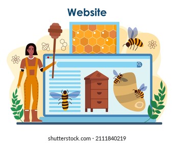Hiver or beekeeper online service or platform. Apiculture farmer gathering honey. Apiary worker, beekeeping and honey extraction. Website. Flat vector illustration