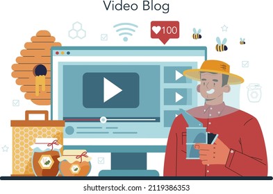 Hiver or beekeeper online service or platform. Professional farmer gathering honey. Countryside organic product exctraction. Video blog. Vector illustration