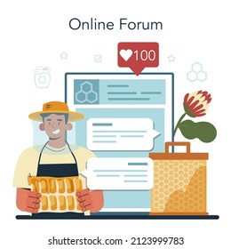 Hiver or beekeeper online service or platform. Professional farmer gathering honey. Countryside organic product exctraction. Online forum. Vector illustration