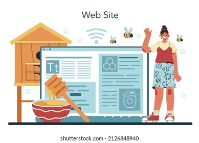 Hiver or beekeeper online service or platform. Professional farmer gathering honey. Countryside organic product exctraction. Website. Vector illustration